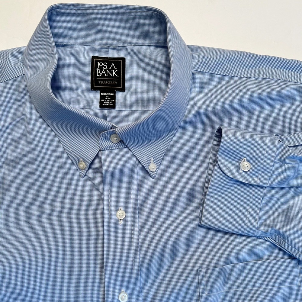 JOS‎ A BANK Traveler Mens Blue Micro Check Dress Shirt Traditional Fit 15 35 XXL
